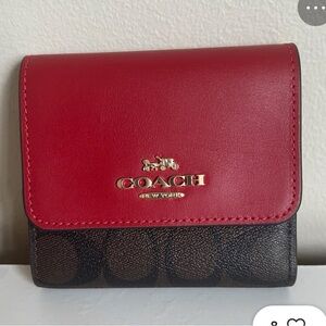 Coach Red and Brown Signature Trifold Wallet